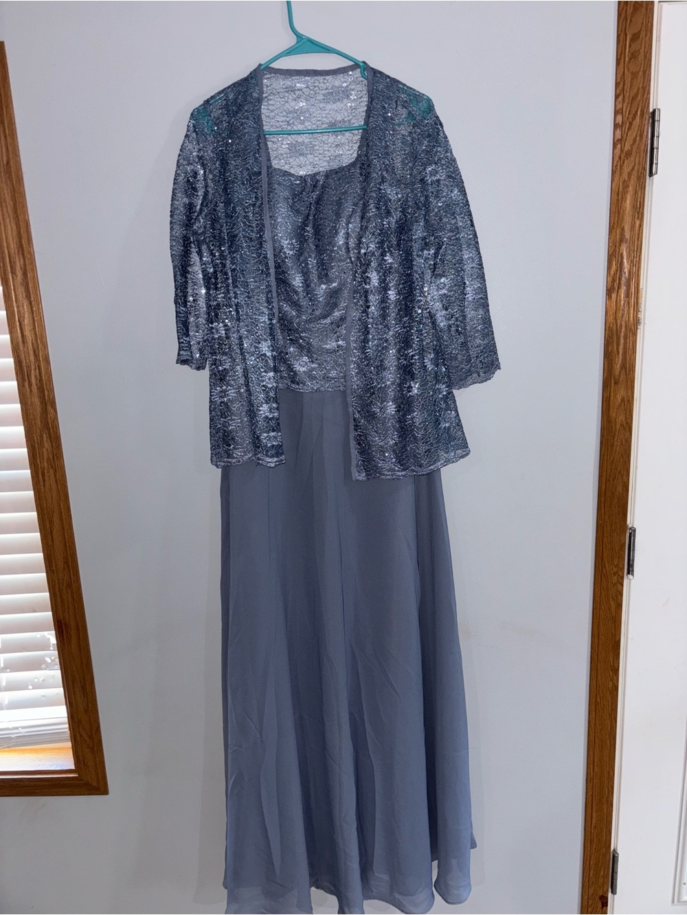 Silver Sequin Jacket & Gray Chiffon Evening Dress Set